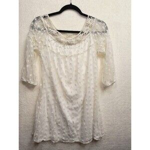 Vintage Heart Soul Lace Mesh Swiss Dot Boho Dress Small Cream 3/4 Sleeve Y2K